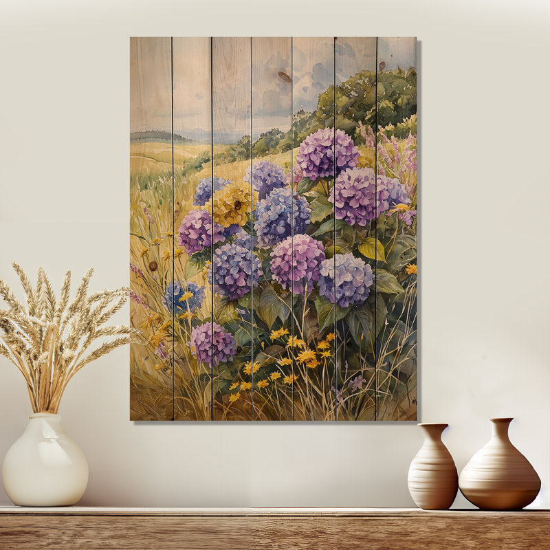 Country Side Hydrangeas And Wildflowers III - Hydrangea Wood Print - On Natural Pine Wood, 20" H x 10" W x 0.78" D