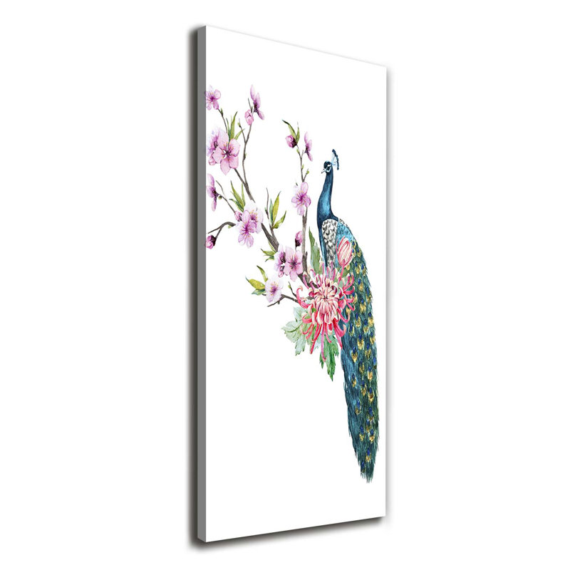 Peacock And Flowers - Wrapped Canvas Print