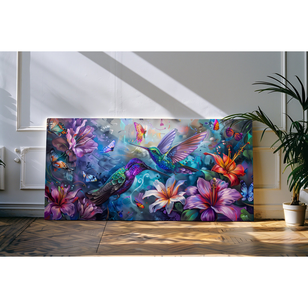 Wandbild 120x60cm Kleine Vögel Kolibris Blumen Schmetterlinge Kunstvoll