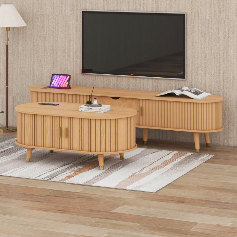 Ensemble de meuble télé et table basse en bois avec station de charge, console média cannelée ovale avec portes coulissantes
