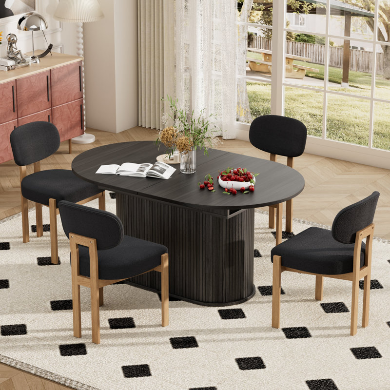 Modern 55.11"-70.86" MDF Extendable Dining Table Set For 4-6 With Chenille Upholstered Chairs, Space Saving Expandable Kitchen & Dining Room Furniture Set, Stylish Comfortable Dinner Table Set