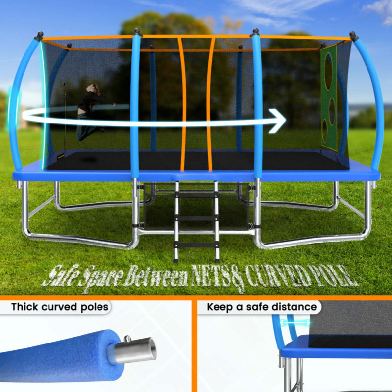 Long trampoline rectangulaire extérieur pour enfants adultes, Bleu