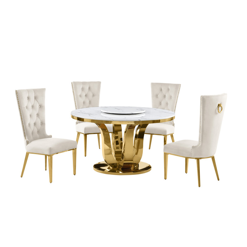 Kenidi 4 - Person Marble Top Pedestal Dining Set, Cream