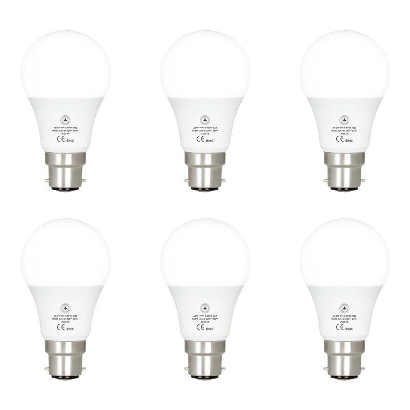 6 Pack LED B22 A60 Light Bulb 9W (100W Equivalent) Cool White 6400K Bayonet 820Lumens GLS Golf, Non-Dimmable, CRI 80 Modern Style Home Lighting Decoration Bulb
