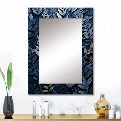 Bleu fougères verdantes Elegance V - miroir mural fougères, miroir décoratif bleu, impression d'art en métal