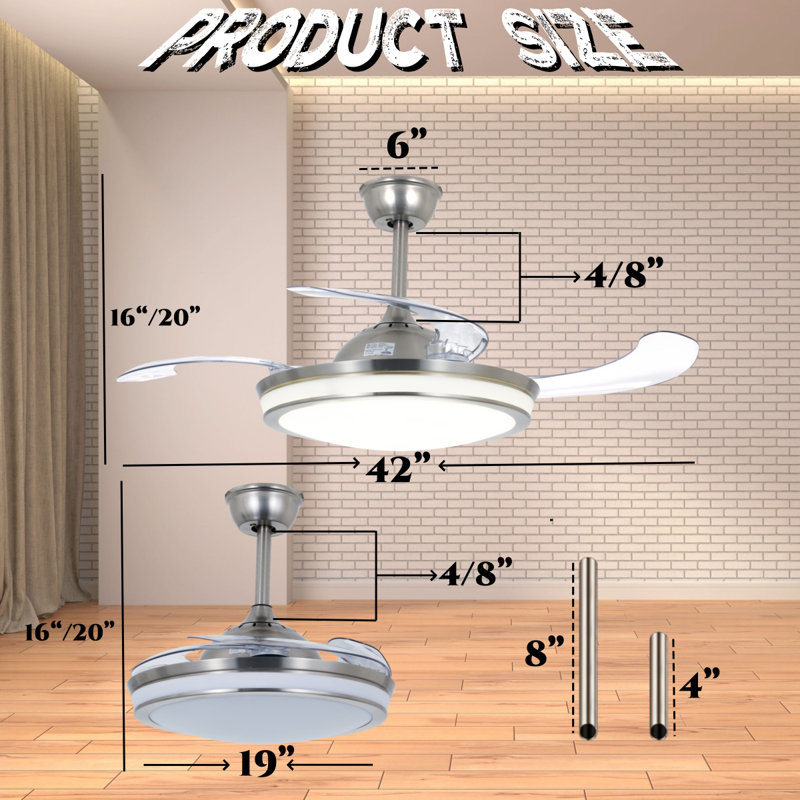 42 Inch - Silver Minimalist Fan Chandelier - Remote Control / Dimmable / Variable Speed - Suitable For Living Room And Any Room