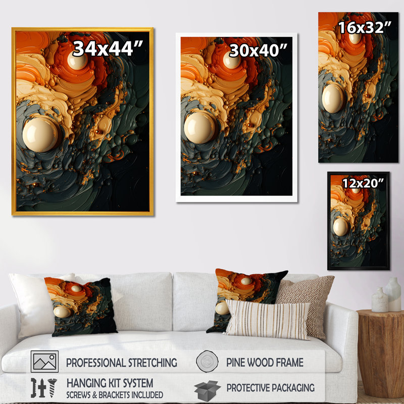 Encre noire liquide «Abstraction III» - art mural abstrait encre liquide, Cadre simple noir, H 44 po x l 34 po x P 1,5 po