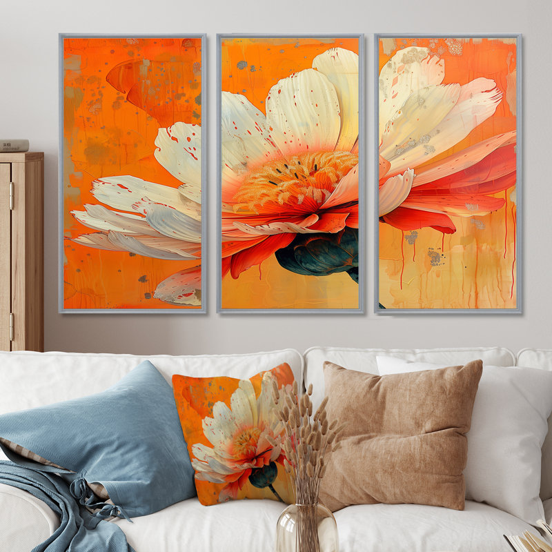 «White Orange Vibrant Burst Marigold», ensemble de reproductions d'art mural souci, Toile argentée avec cadre flottant