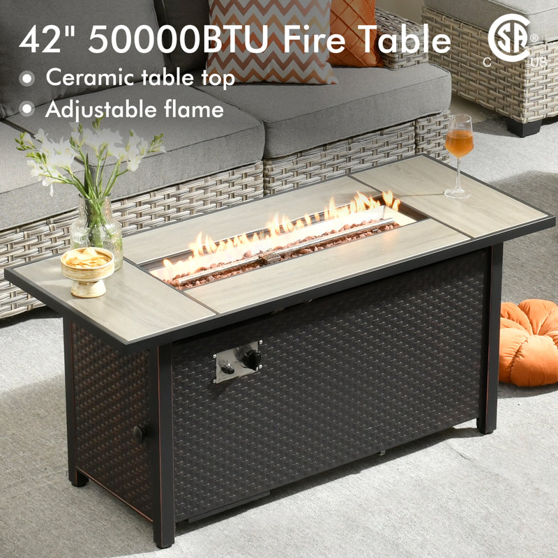 10-Person  Outdoor Sectional With Cushions,Led Coffee Table And Fire Pit,All-Weather Wicker Patio Set, Dark Gray