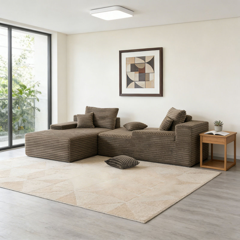 Upholstered Faux Rabbit Fur Flannel Modular Oversized Sleeper Sofa with Pillows No Assembly Required, Light Brown