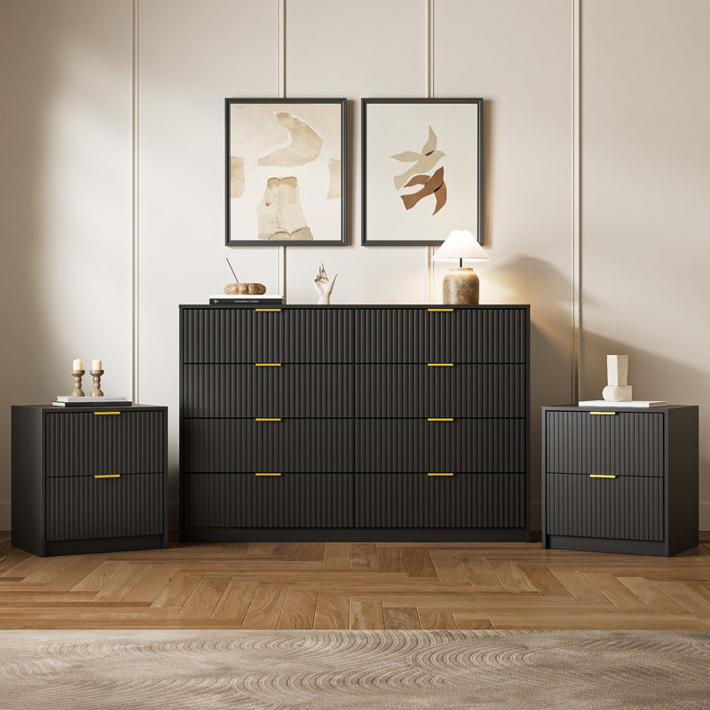 Ensemble de chambre à coucher 3 pièces, commode 8 tiroirs et ensemble de table de chevet 2 pièces, Black