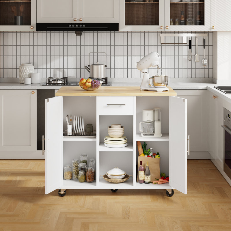Chariot roulant pour îlot de cuisine avec plateau de boucher - Poste de travail portatif avec tablettes de rangement et roulettes verrouillables