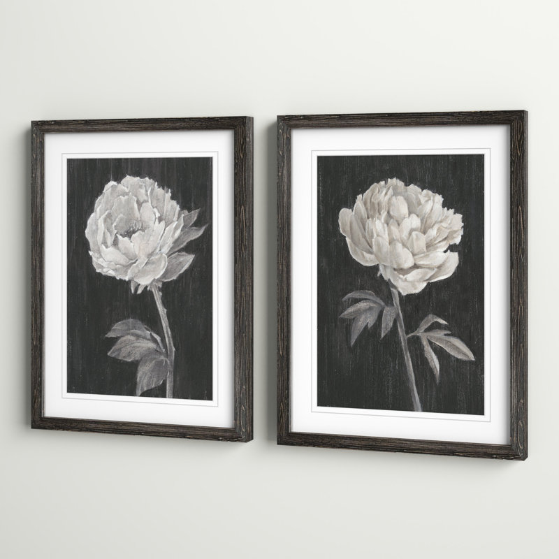 «Black and White Flowers I», ensemble de 2 reproductions d'art encadrées, H 20 po x l 16 po x P 1,25 po, Cadre ébène, Blanc