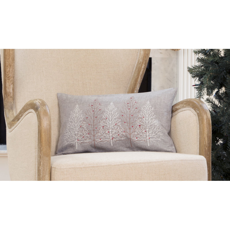 Festive Trees Embroidered Christmas Pillow, 12 By 20-Inch, Grey