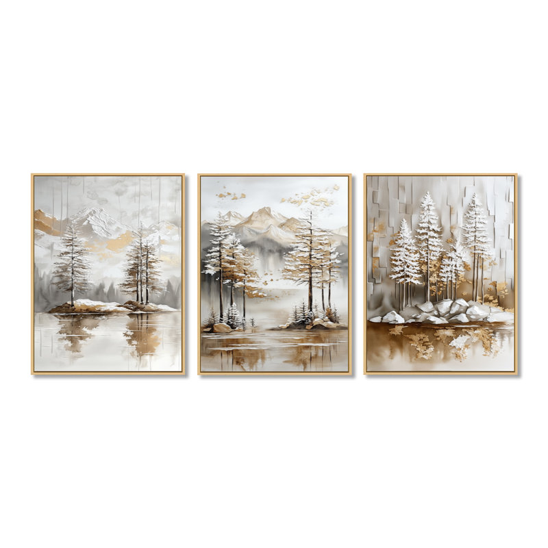Glacier Reflection Pines - White Lake, reproduction d'art sur toile encadrée 3 pièces, Cadre flottant en bois naturel