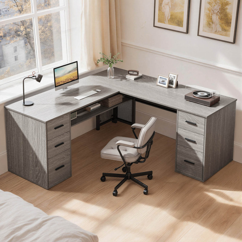 Corsair L-Shaped Executive Desk with 6 Drawers, Light Gray Oak