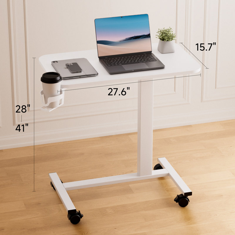 Adjustable Overbed Bedside Table With Lockable Wheels, Pneumatic Mobile Standing Laptop Desk, Small Standing Desk Portable Rolling Overbed Table Hospital Home Use