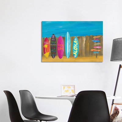 The Summer And Palms Surfboard Beach Wall by Markus & Martina Bleichner - Wrapped Canvas Print
