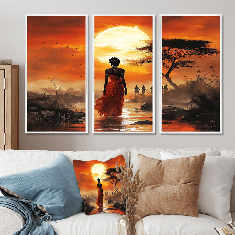 «Orange African Journey IV», ensemble d'art mural paysage africain, Toile avec cadre flottant brun