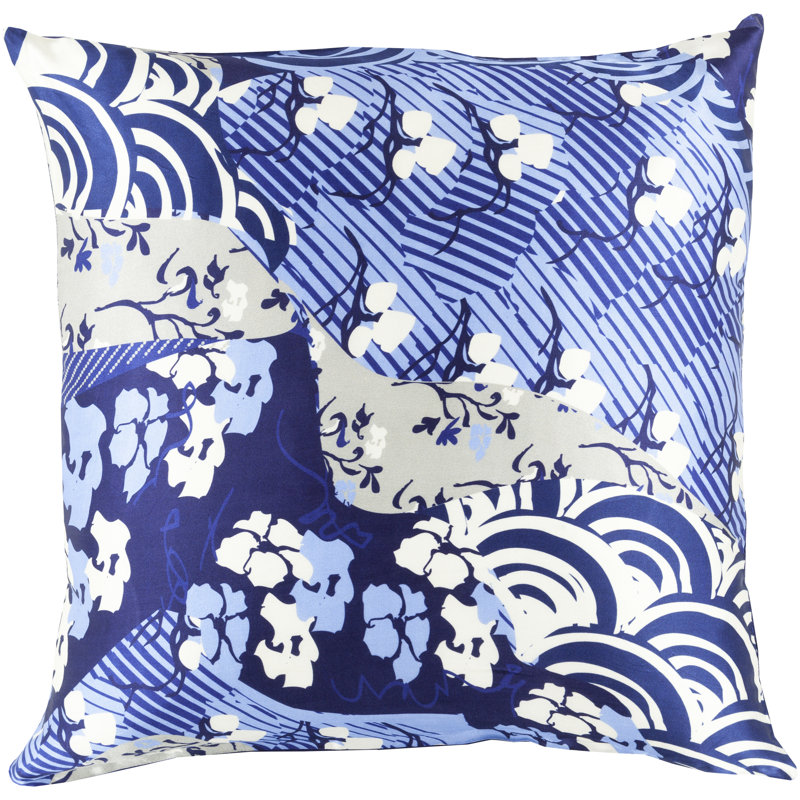 Geisha Floral Silk Pillow Cover, 20" H x 20" W x 1" D, Blue, No Fill