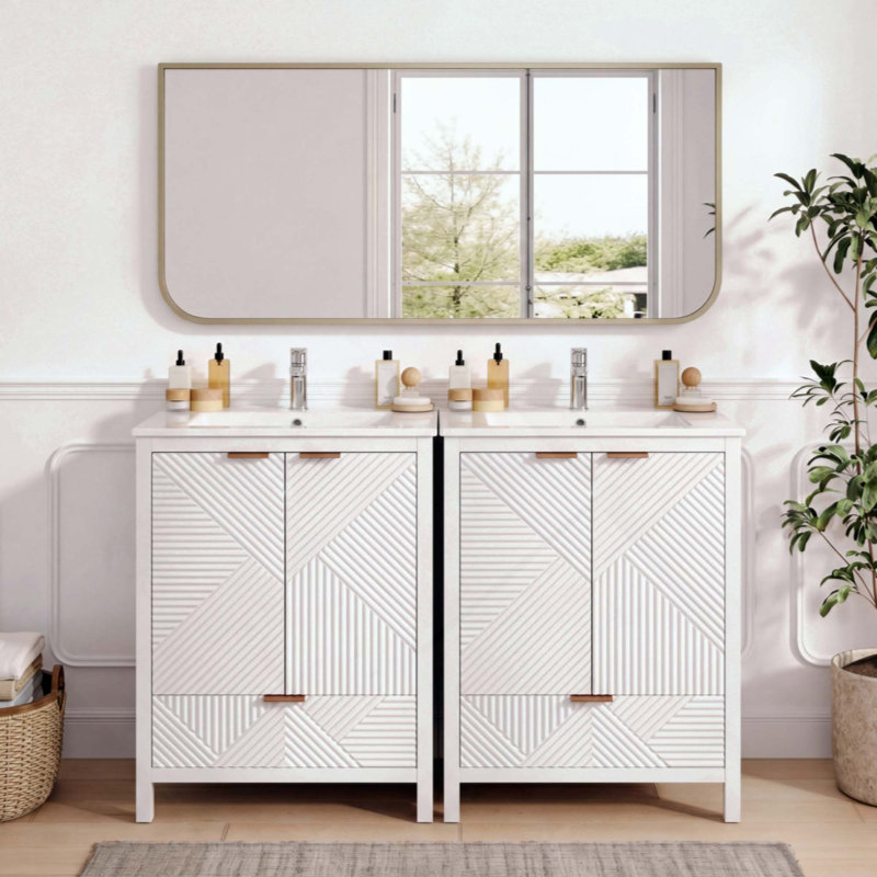 Ensemble de meuble-lavabo de salle de bain, meuble-lavabo moderne avec trou de robinet simple, panneaux de porte texturés et tiroir, pieds en pin, grand espace de rangement et charnières à fermeture en douceur