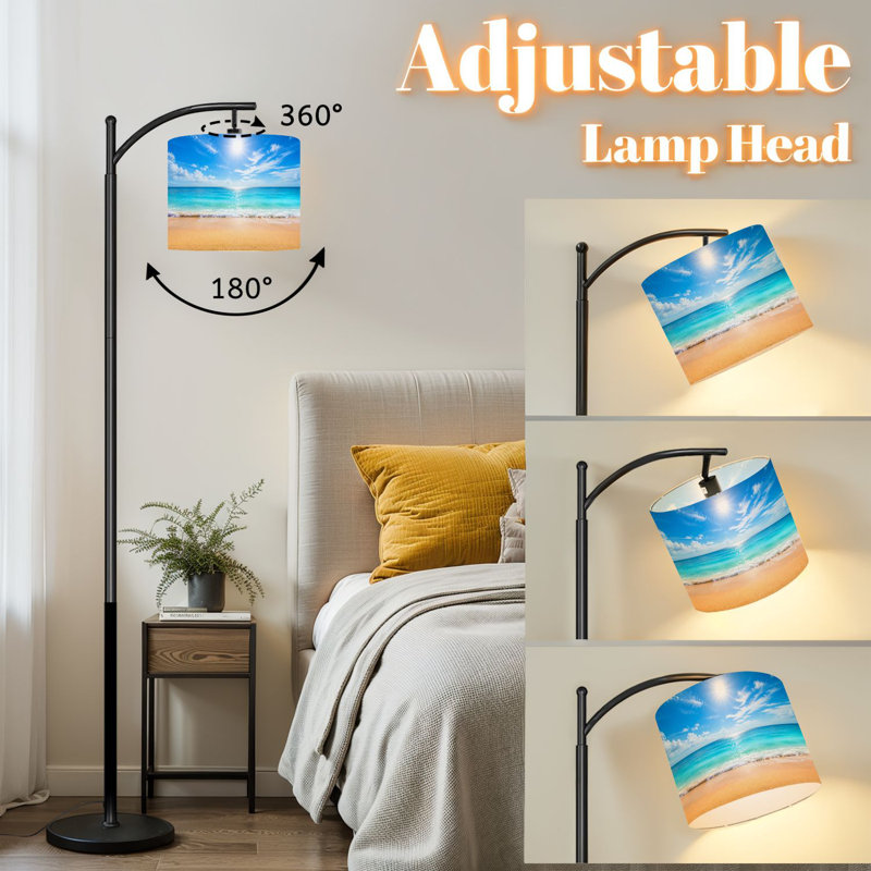 Lampe sur pied à arc avec abat-jour ajustable paysage marin soleil bleu ciel Lampe sur pied 3 températures de couleur à haut gradateur avec interrupteur au pied pour la chambre à coucher