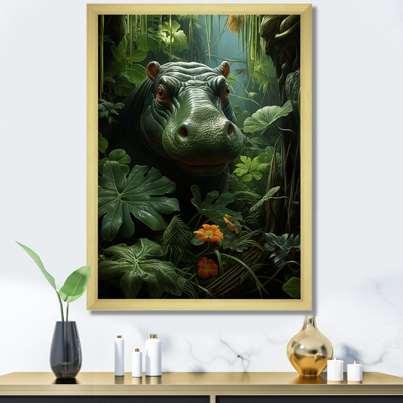 «Green Vibrant Hippo Portrait - Hippopotamus», art mural, Encadrement doré, H 32 po x l 16 po x P 1 po