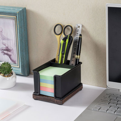 Porte-notes de bureau avec porte-stylos - Rangement de fournitures de bureau en métal noir avec base en bois