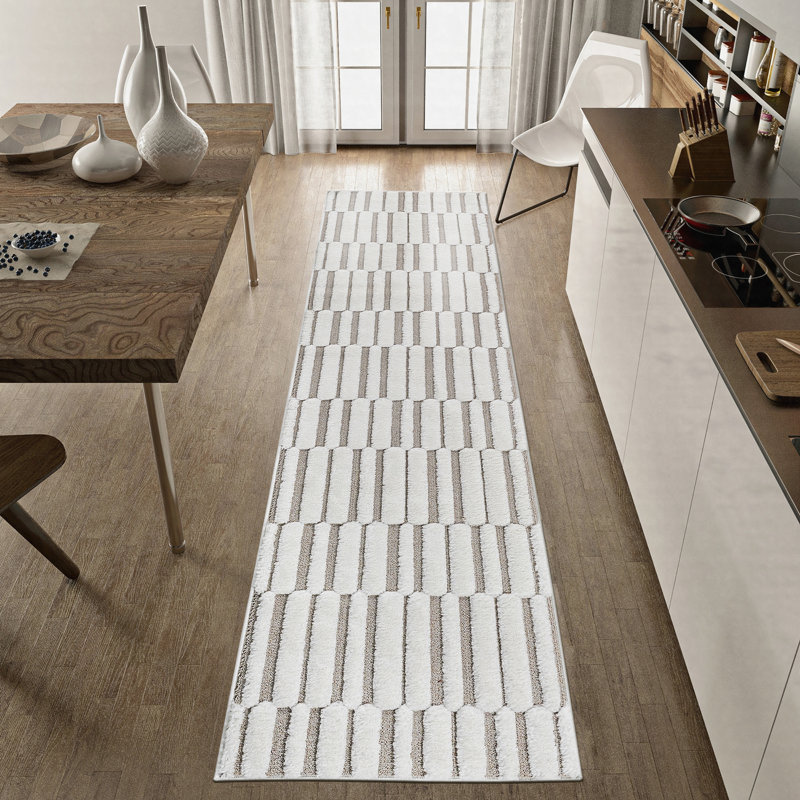 High-Low Striped Runner Rug Polypropylene Stain Resistant Non-Shedding Beige Cream 2'2" x 8'