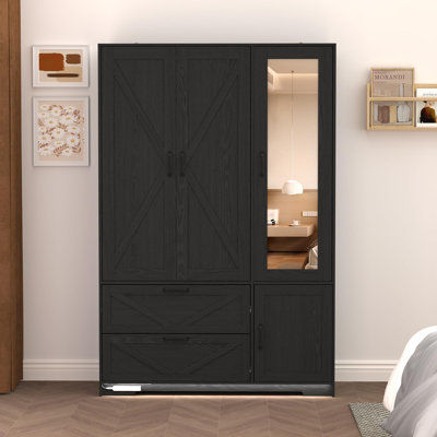 72'' Farmhouse 3 Door Armoire Wardrobe With Mirror 2 Drawers And Adjustable Shelves 