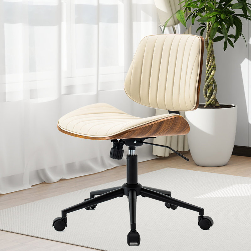 Chaise de bureau sans accoudoirs avec roulettes pivotantes à 360 °, chaise d'ordinateur ergonomique à hauteur réglable pour le bureau personnel, cuir d'unité centrale avec chaises de dessinateur en noyer modernes pour le bureau, coin lecture