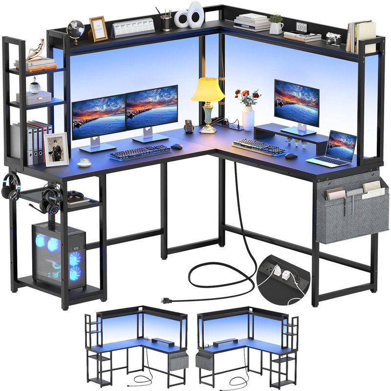 Bureau en L Bianco avec huche et prise de courant, bureau d'ordinateur de coin de jeu avec lumières DEL, Noir