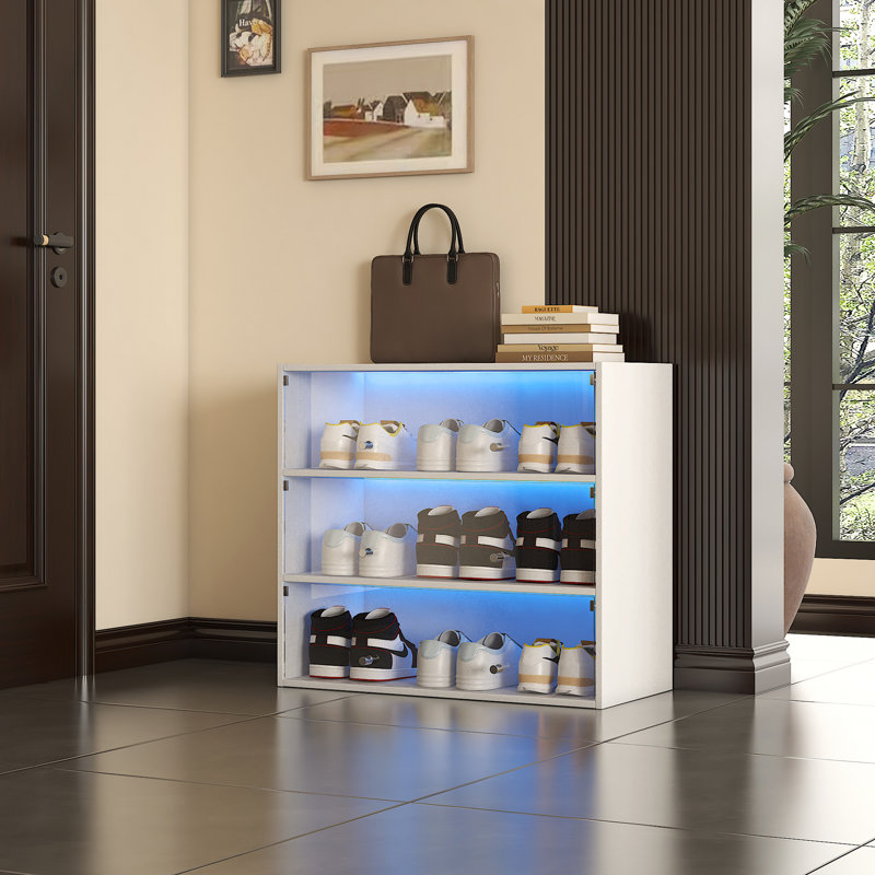 White Glass Door Shoe Box Shoe Storage Cabinet  With RGB Led Light, White