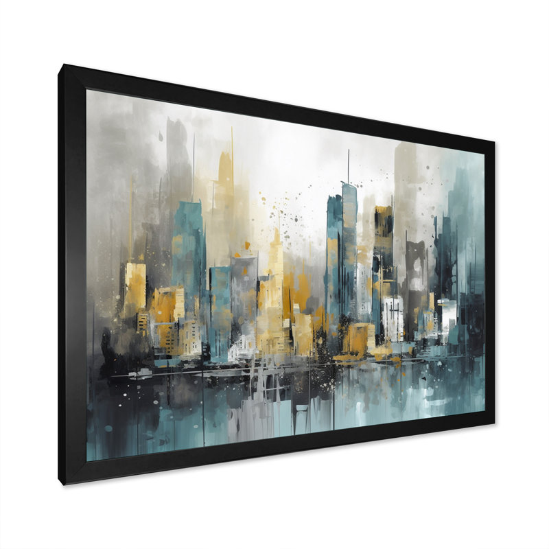 «Green and Yellow Modernist Cityscapes II», reproduction d'art sur toile, H 12 po x l 20 po x P 1 po, Cadre photo noir