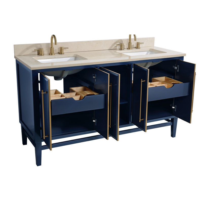 Ensemble de meuble-lavabo double 61 po avec miroir Ewen, Argent brossé, Blanc de Carrare, Marine