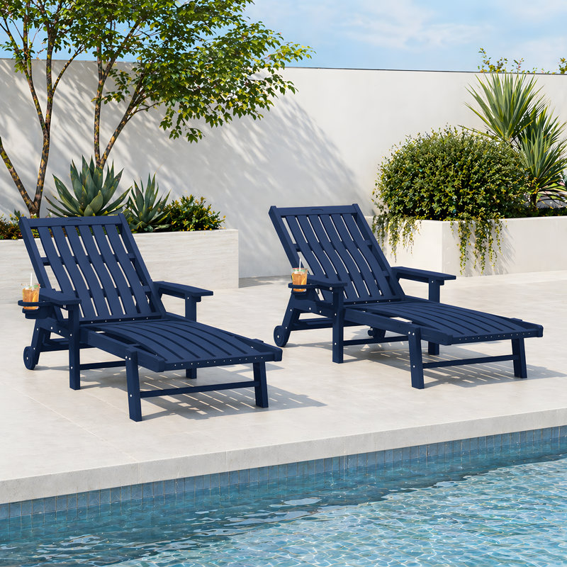 Outdoor HDPE Adjustable Reclining Chaise Lounge Chair With Wheels & Cup Holder, Blue