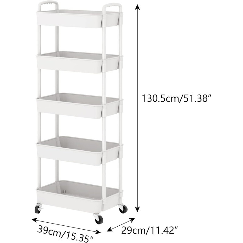 5-Tier Plastic Rolling Utility Cart with Handle, Multi-Functional Storage Trolley, Living Room, Kitchen, Movable Storage Organizer with Wheels