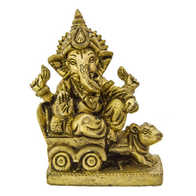 3" Small Handmade Brass Lord Ganesha Riding Mouse Chariot Sculpture - Hindu Elephant God Chaturbhuj Statue - Spiritual Home Decor Art - Made in India