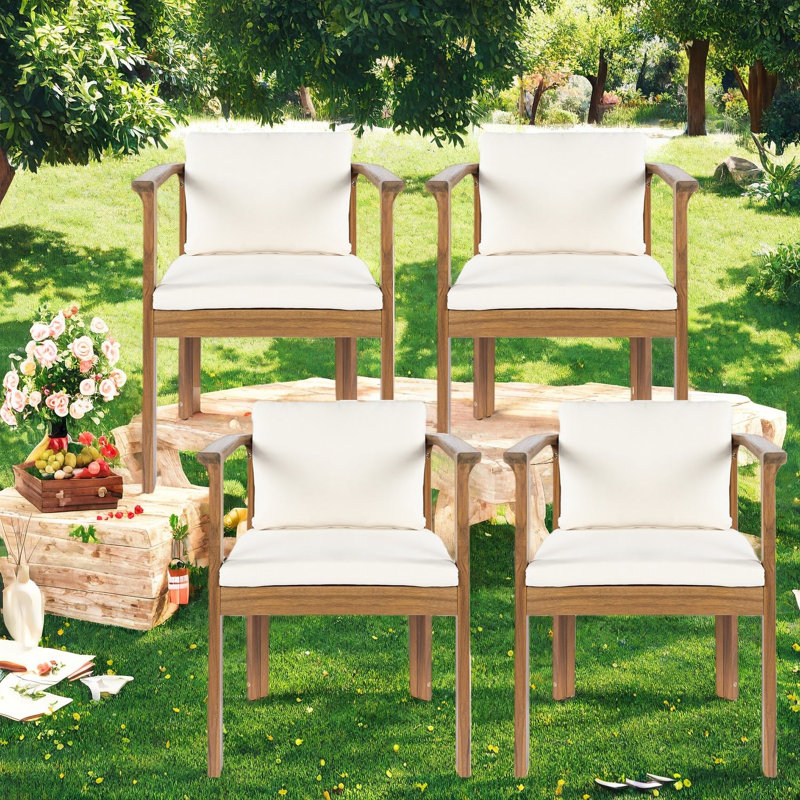 Ensemble de 4 chaises de patio modernes en bois d'acacia, coussins crème pour la salle à manger