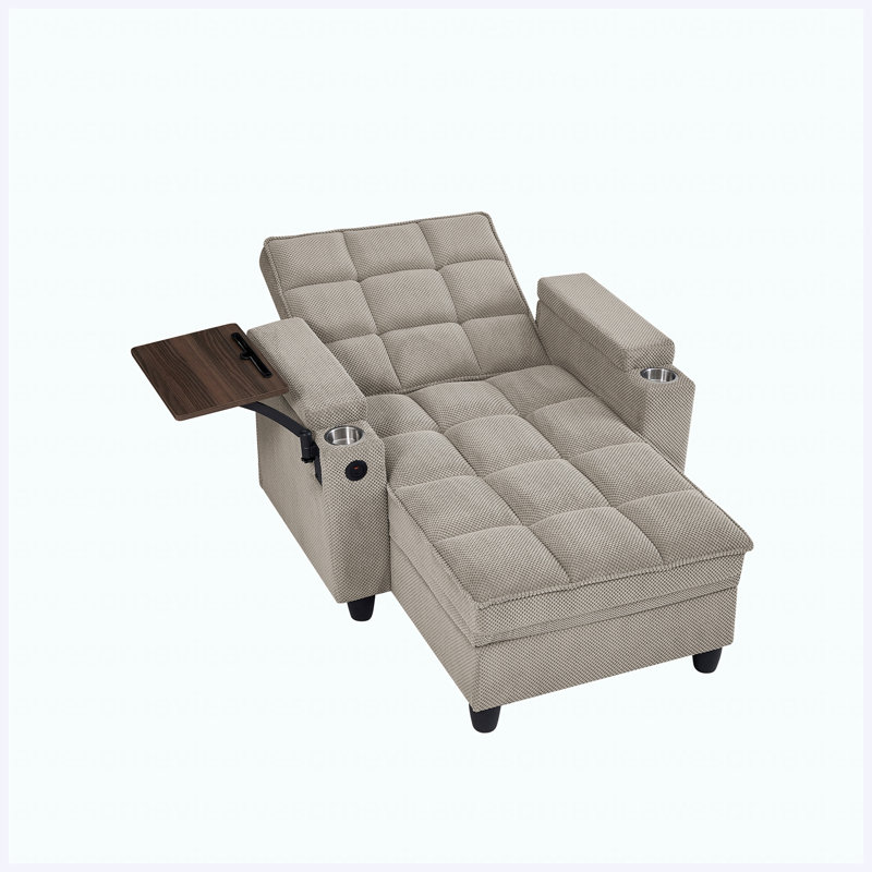 Chaise longue kaki avec dossier réglable à 6 positions, ports USB, porte-gobelet et table d'appoint pivotante