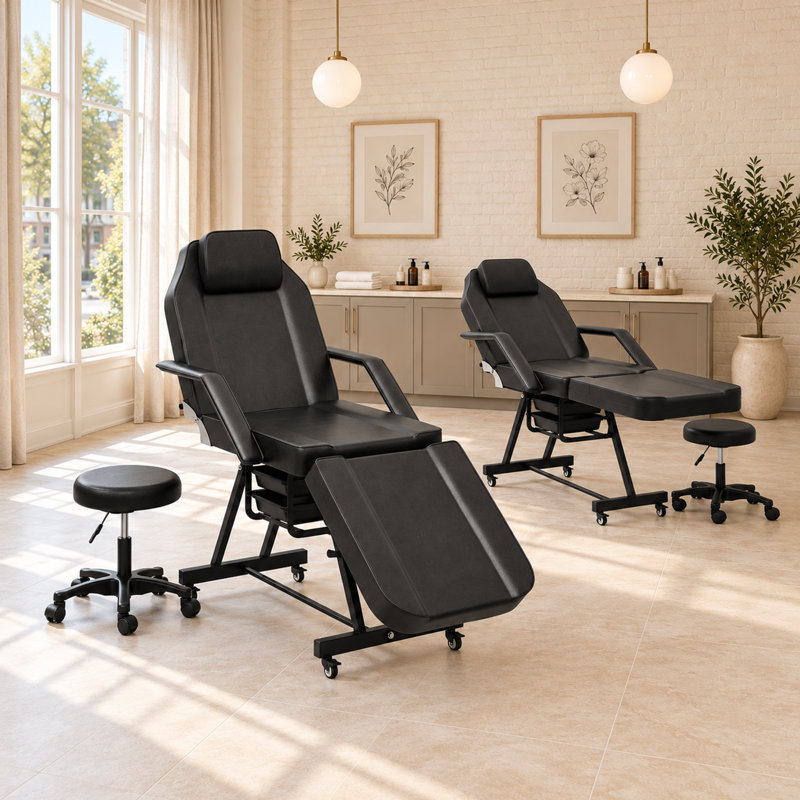 Ensemble de fauteuil inclinable réglable pour salon de tatouage, spa et soins du visage avec 2 plateaux - Noir, Noir