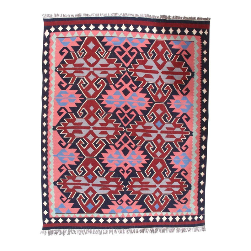 Tapis rouge / rose / noir en laine fabriqué à la main 8 pi 9 po x 11 pi 4 po Southwestern