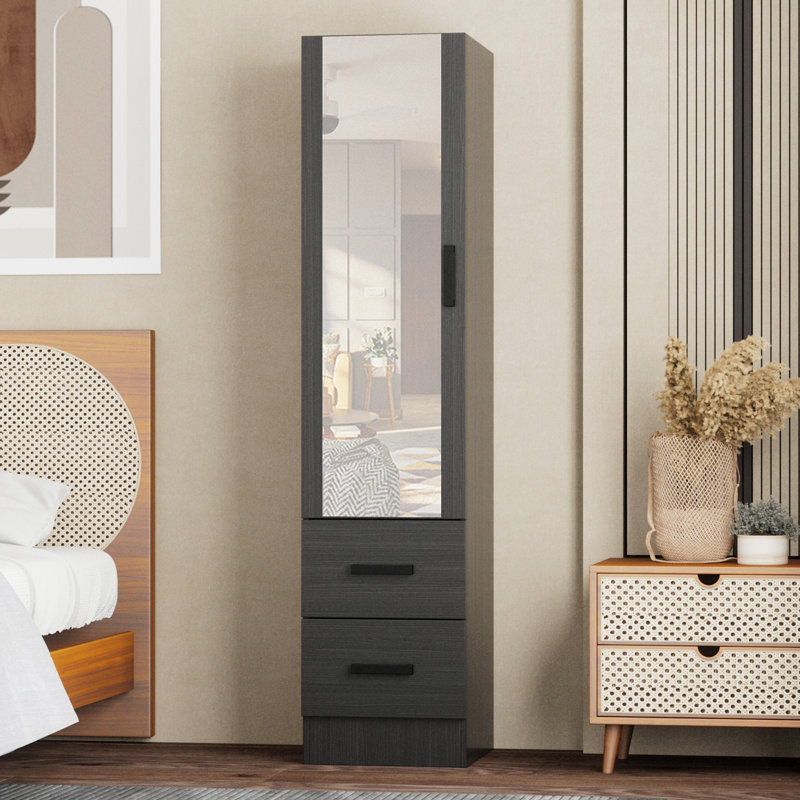 Wardrobe Armoire Closet With 2 Drawers And Mirror On The Door That Can Open From Either The Left Or Right., Black