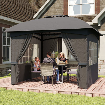 11'x 11' Outdoor Gazebo, Arc Patio Gazebo Canopy Shelter, UV Protected, with Curtains, Church Windows, Double Roof, Galvanized Steel Frame for Lawn, Backyard and Deck