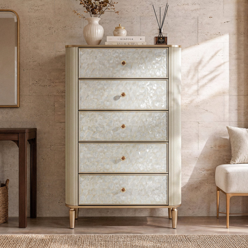 49.4'' H Mother-Of-Pearl Five-Drawer Dresser Chest With Solid Wood Legs