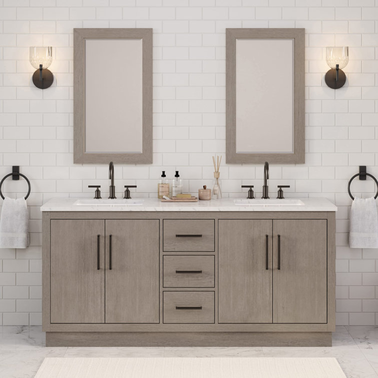 Kamila 72" Carrara White Marble Countertop Bath Vanity in Gray Oak with Mirror