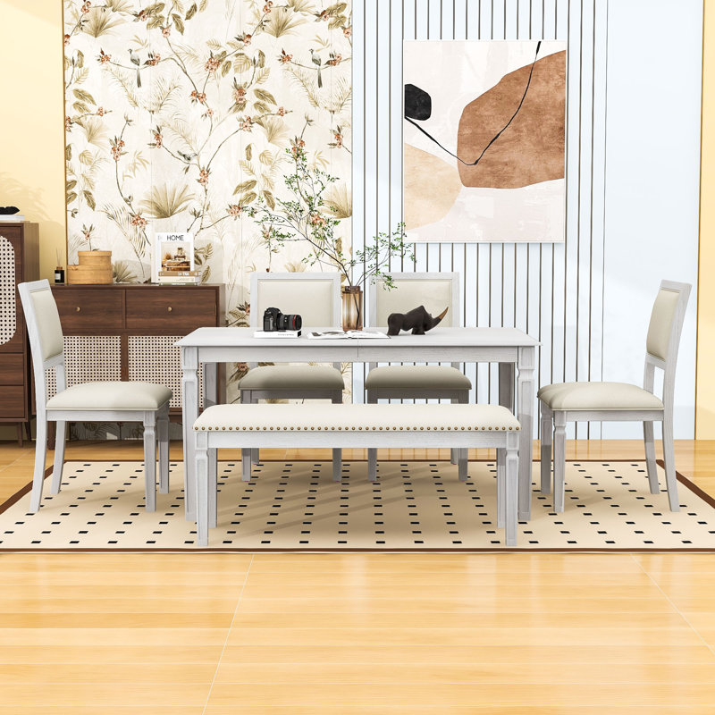 Ensemble de table de salle à manger 6 pièces, table extensible rétro avec rallonge amovible, chaises rembourrées et banc