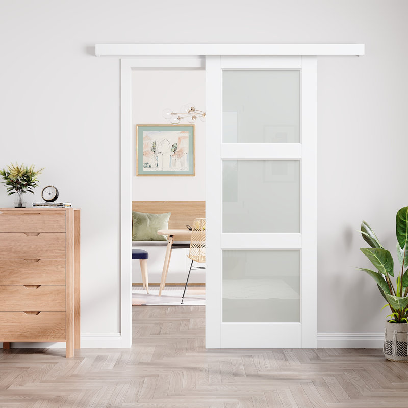 Porte de grange coulissante en verre givré 3-Lite Hidden Style, 32 po x 80 po, Standard, Frosted Glass