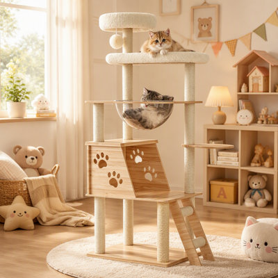 Tour pour arbre à chat de 53,5 po, maisonnette pour chat à plusieurs niveaux avec perchoir transparent, poteaux à griffer en sisal et échelle d'escalade, maisonnette d'intérieur pour chat pour chatons adultes