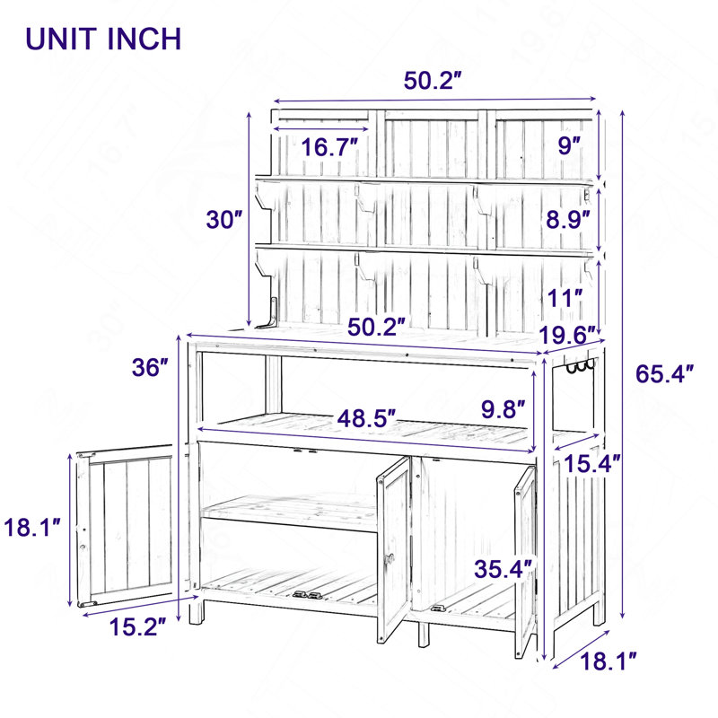 Table de rempotage de jardin en sapin massif de 127,6 cm (50,2 po) avec étagères et rangement, vert forêt
